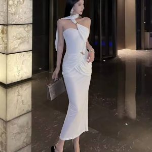 Elegant Metal Corset Scarf Neck Split Fit Shirring Bodycon Maxi Dress