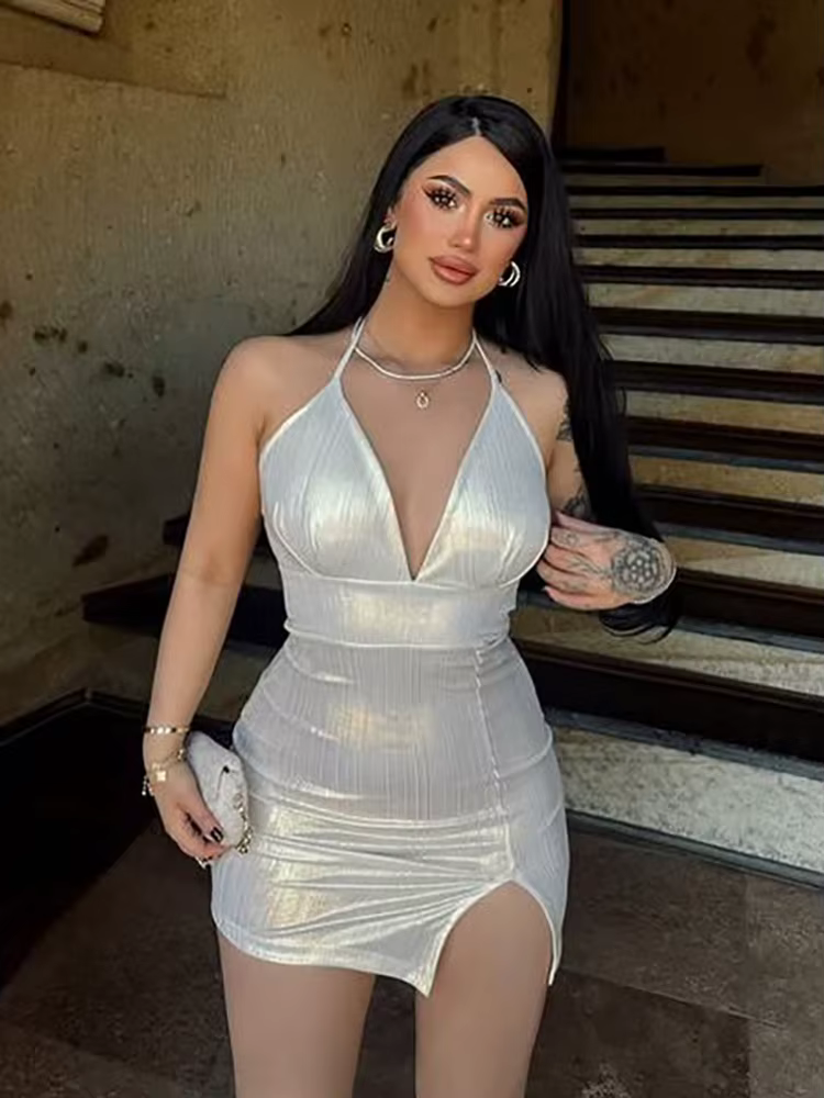 Elegant Midnight Party Wear Female Halter Lace Up V-neck Backless Mini Dresses