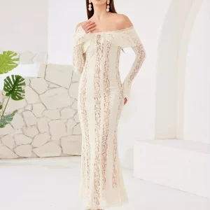 Elegant Off-shoulder Cut-Outs Bell Sleeve Bodycon Maxi Dress