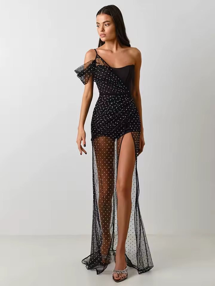 Elegant One Shoulder Mesh Urban Costume Irregular Kpop Split Dress