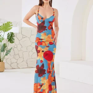 Elegant Open Back Spaghetti Straps Bodycon Floral Maxi Dress