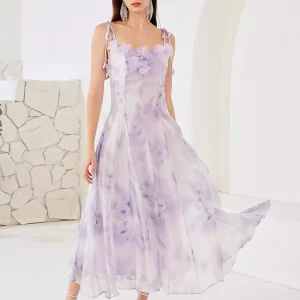 Elegant Open Shoulder Floral Spaghetti Straps Flowy Long Dress