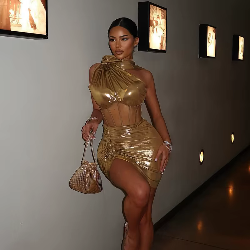 Elegant Patchwork One Shoulder Tank Tops Ruched Irregular Mini Skirt 2 Piece Sets - Image 2