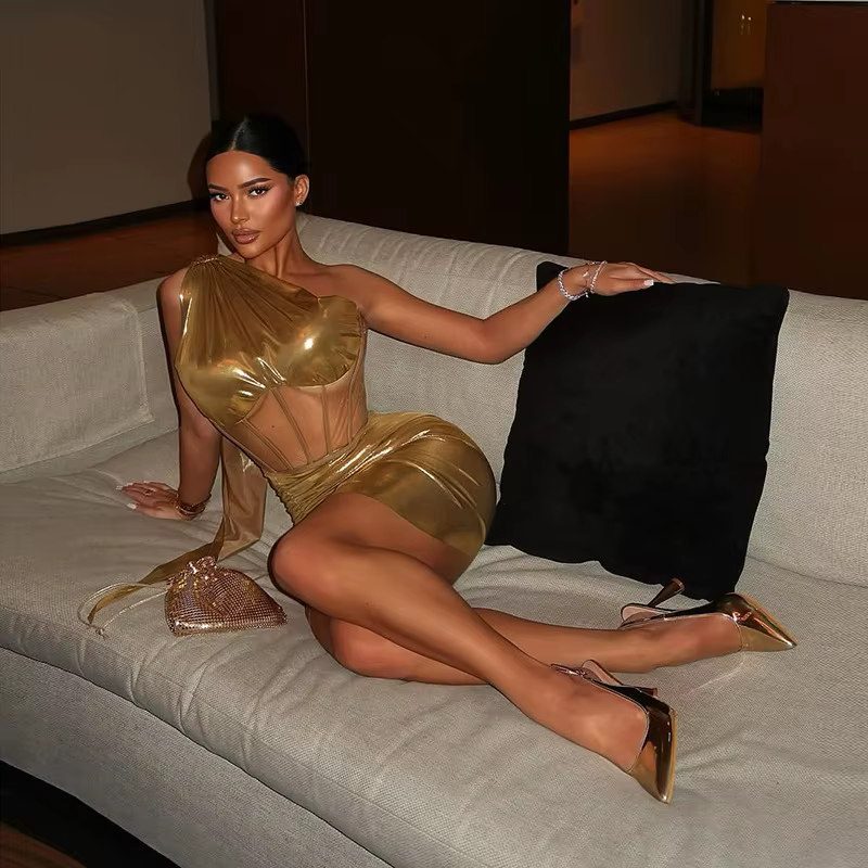 Elegant Patchwork One Shoulder Tank Tops Ruched Irregular Mini Skirt 2 Piece Sets - Image 5