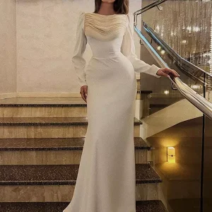 Elegant Pleated Long Sleeve Polyester Bodycon Maxi Dress