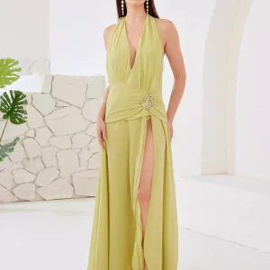 Elegant Polyester Backless Strapless High-slit Halter Maxi Dress