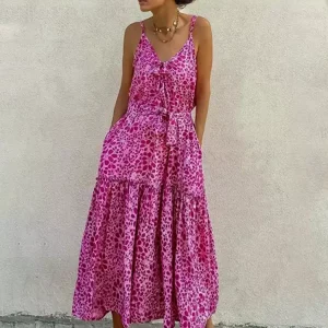 Elegant Polyester Belt V-Neck Open Shoulder Sleeveless Floral Maxi Dress