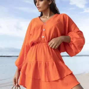 Elegant Polyester Lantern Sleeves Ruffle Hem Skater V-Neck Mini Dress