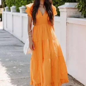 Elegant Polyester Ruffle Daily Casual Sleeve V-Neck Maxi Dress