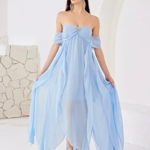 Elegant Polyester Slit Flowy Solid Color Open Shoulder Maxi Dress