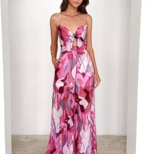 Elegant Printed Slip With Tie Front Wide Leg Jumpsuit