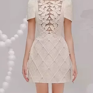 Elegant Round Neck Short Sleeve High Waist Solid Patchwork Appliques Mini Dresses