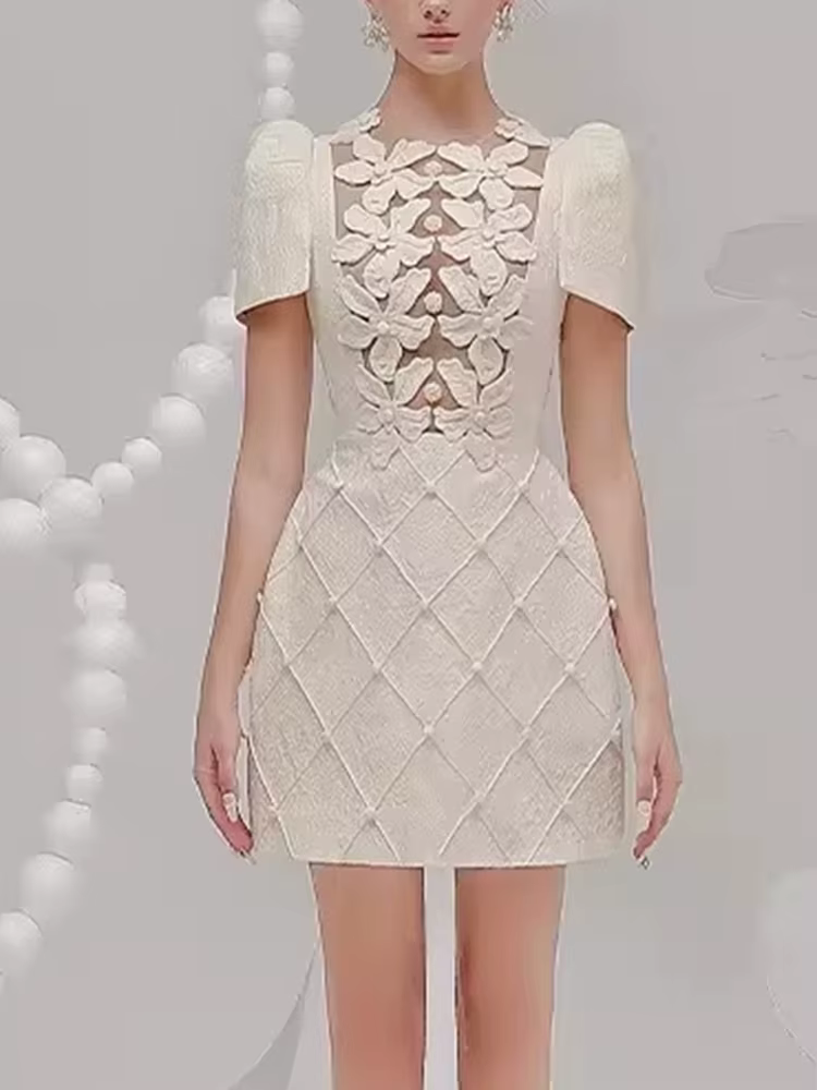 Elegant Round Neck Short Sleeve High Waist Solid Patchwork Appliques Mini Dresses