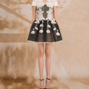 Elegant Round Neck Short Sleeves Applique Patchwork Mesh Mini Dress