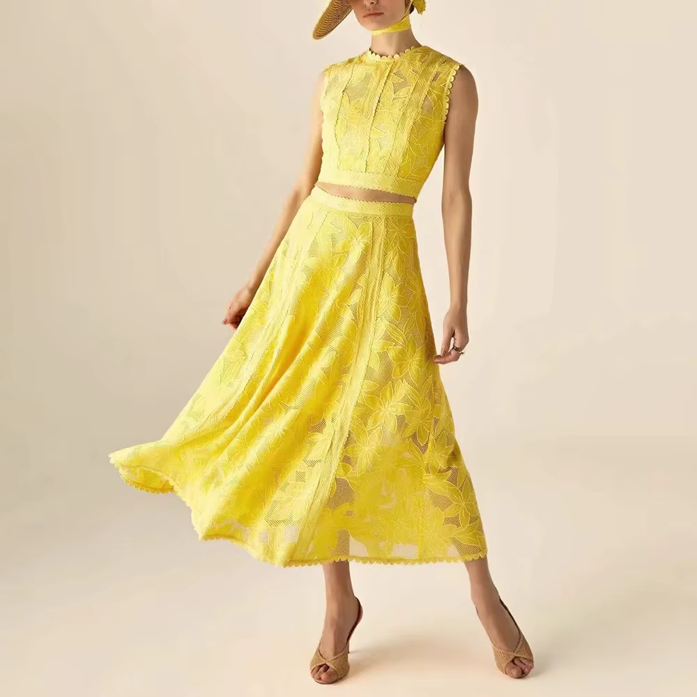 Elegant Round Neck Sleeveless Top High Waist Spliced Lace Embroidery Skirt Two Piece Sets