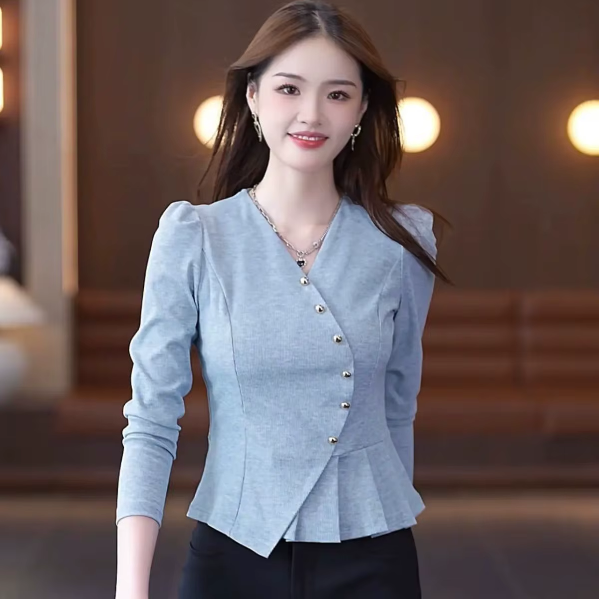 Elegant Ruffled V Neck Asymmetrical Office Lady Chic Solid Tops