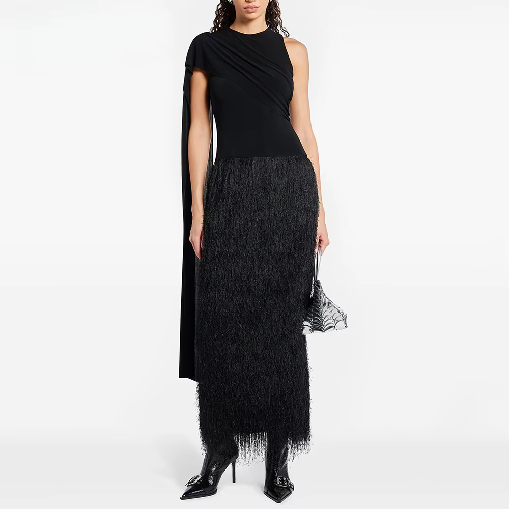 Elegant Scarf Neck Sleeveless Patchwork Tassels Temperament Maxi Dress