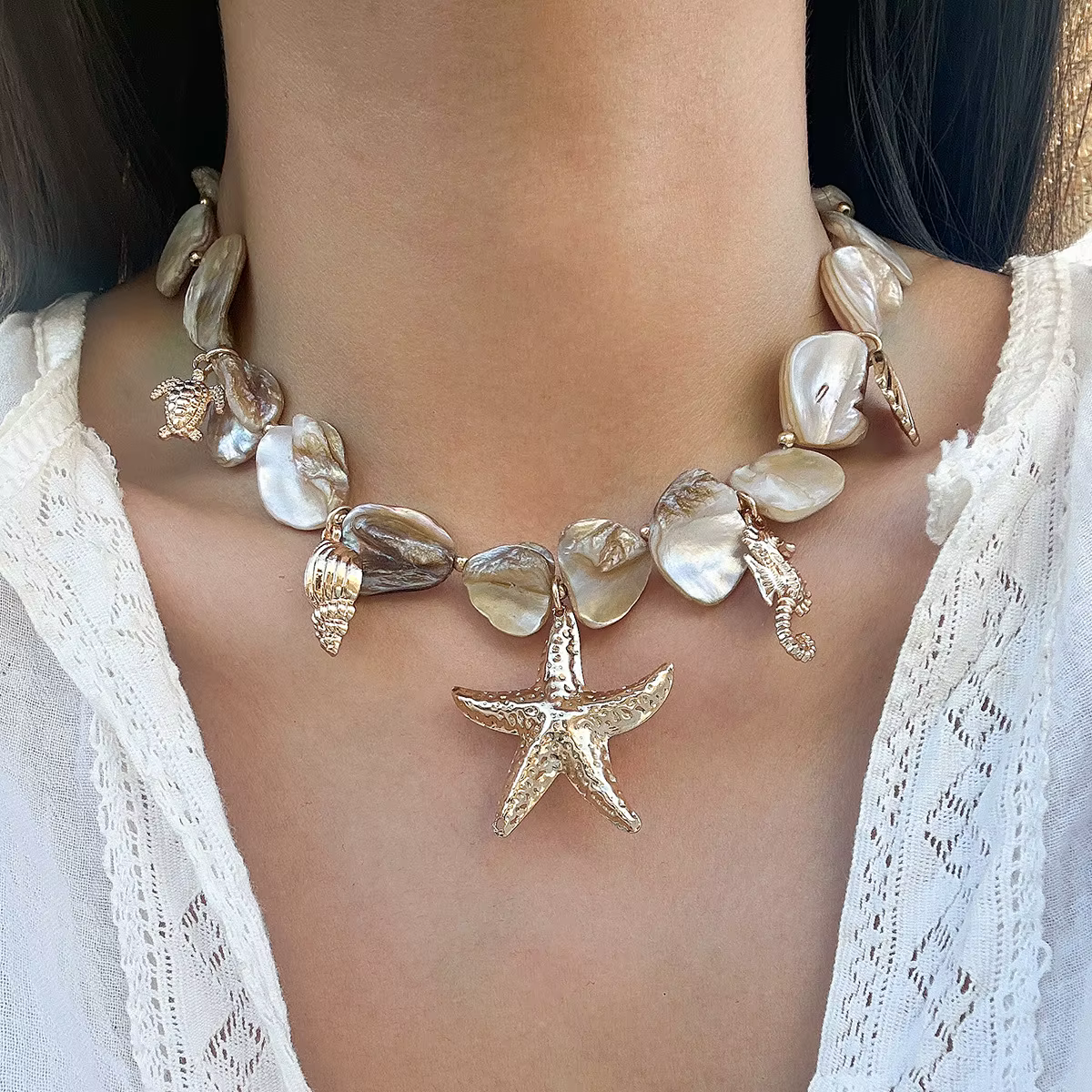Elegant Sea Conch Scallop Starfish Pendant Neck Jewelry Necklace