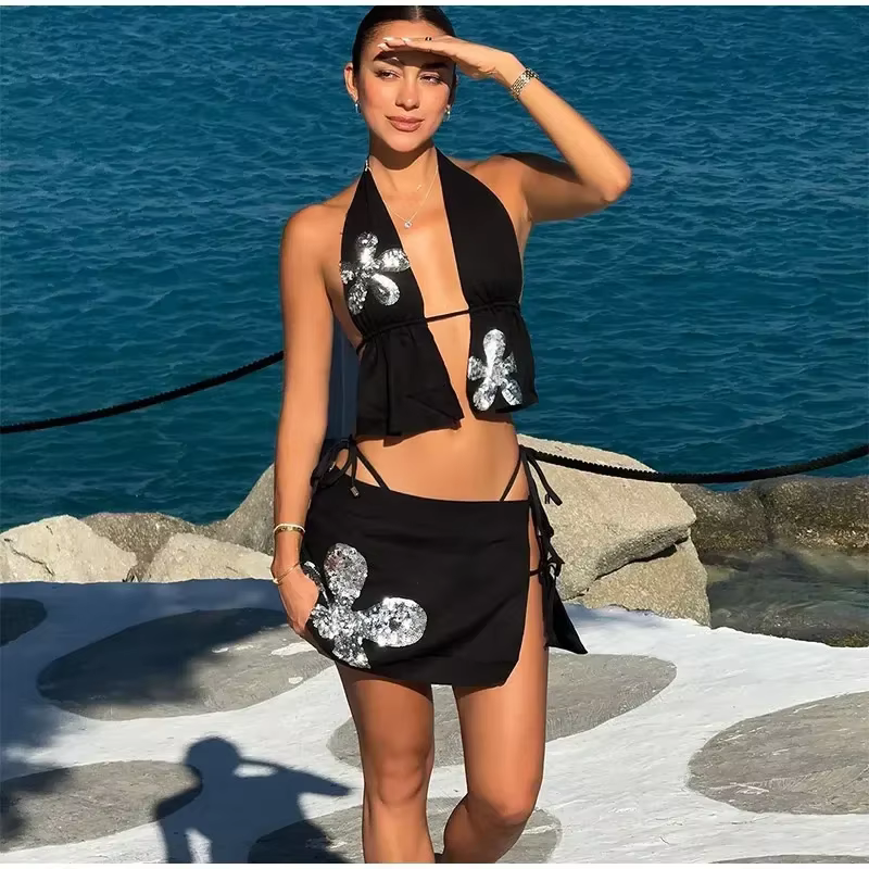 Elegant Sequin Flower Vest Lace Up Halter Hollow Out Backless Tops A-line Mini Skirts