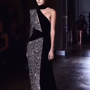 Elegant Sequin Patchwork Halter Neck One Shoulder Long Sleeve Maxi Dress