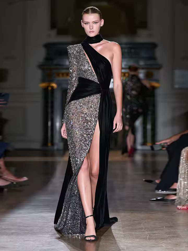 Elegant Sequin Patchwork Halter Neck One Shoulder Long Sleeve Maxi Dress - Image 2