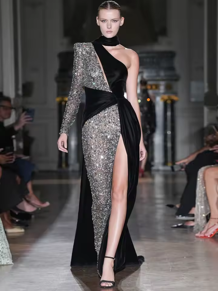 Elegant Sequin Patchwork Halter Neck One Shoulder Long Sleeve Maxi Dress - Image 3