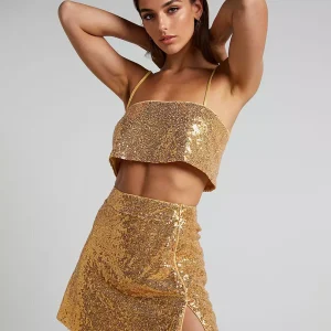 Elegant Sequin Set Crop Top And Mini Skirt Sleeveless Two-Piece