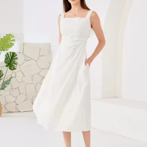 Elegant Side Pockets Square Neck Sleeveless A-Line Midi Dress