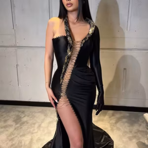 Elegant Single Sleeve Lace Up  Cut Out Laced Long Bodycon Maxi Dress