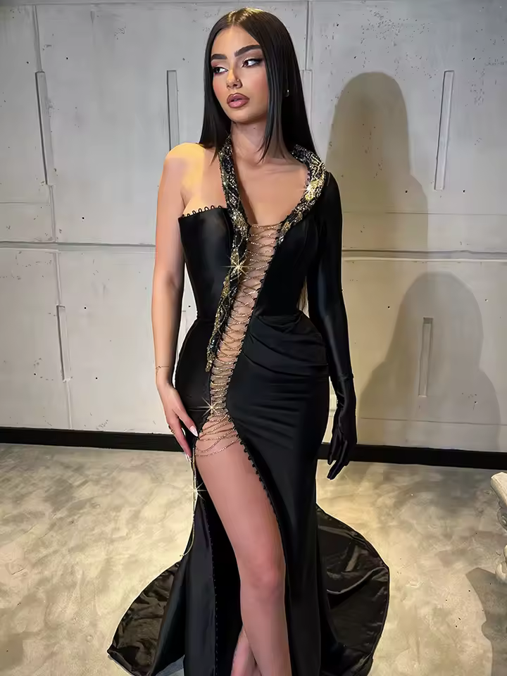 Elegant Single Sleeve Lace Up  Cut Out Laced Long Bodycon Maxi Dress