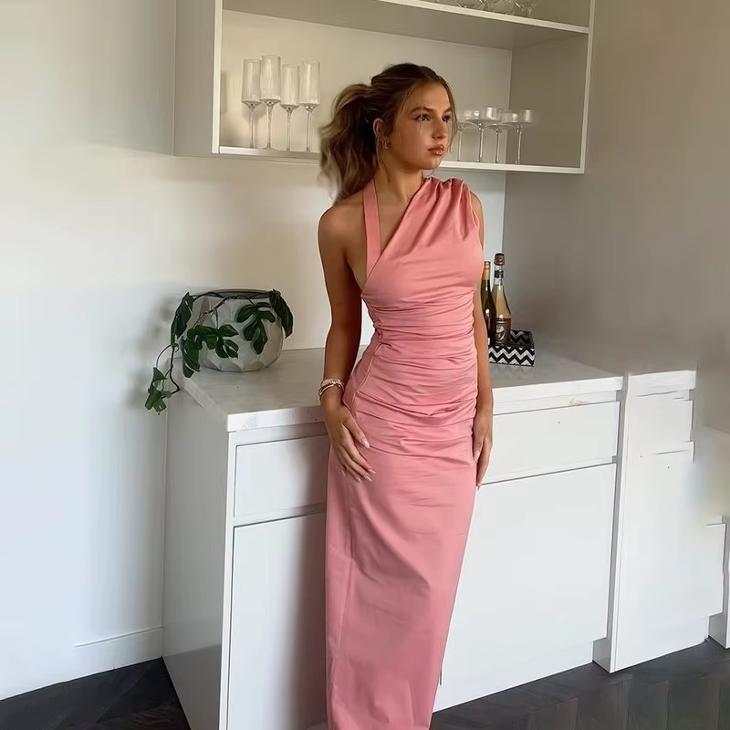 Elegant Slanted Collar Halter Ruched Backless Bodycon Slit  Long Dress