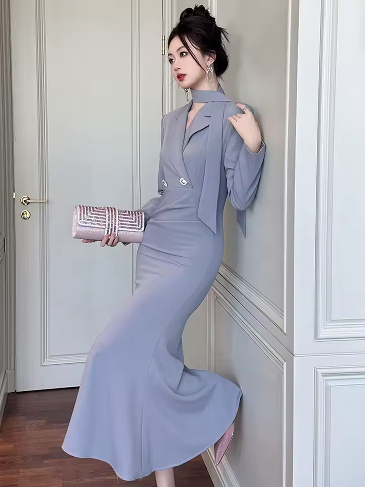 Elegant Slim Mid-Calf Formal Fishtail Long Sleeve Midi Dress - Image 3
