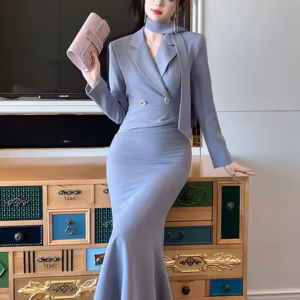 Elegant Slim Mid-Calf Formal Fishtail Long Sleeve Midi Dress