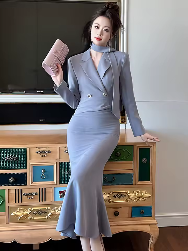 Elegant Slim Mid-Calf Formal Fishtail Long Sleeve Midi Dress