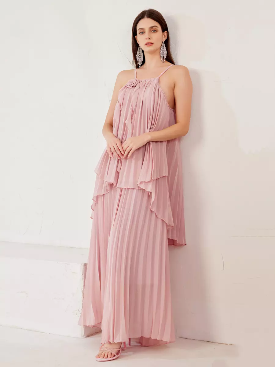 Elegant Slip Top And Flowy Skirt Ruffle Set With Flower Two Piece