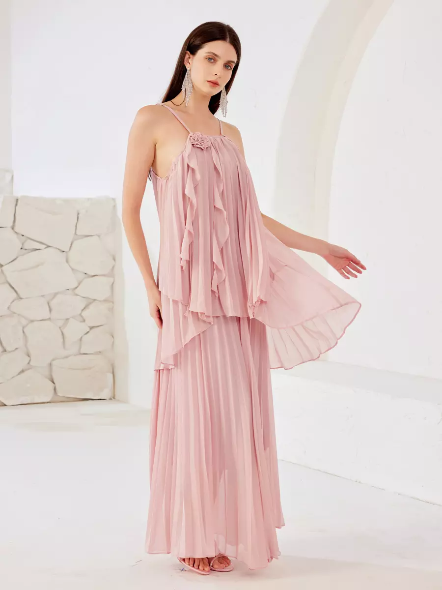 Elegant Slip Top And Flowy Skirt Ruffle Set With Flower Two Piece - Image 2