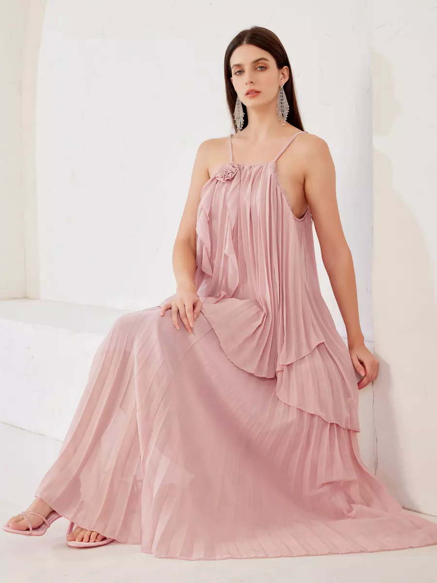 Elegant Slip Top And Flowy Skirt Ruffle Set With Flower Two Piece - Image 3