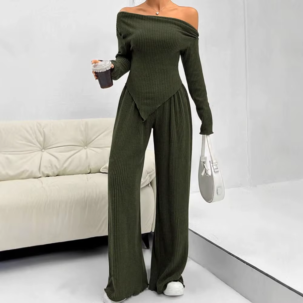 Elegant Solid Slash Neck Long Sleeve T Shirt High Waist Pants Two Piece Set