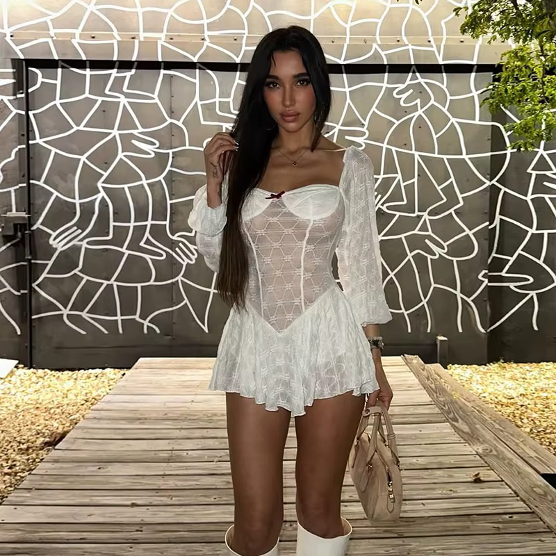 Elegant Splice Sweet Slim Pleated Bows Lace Stapless Long Sleeve Mini Dress - Image 3