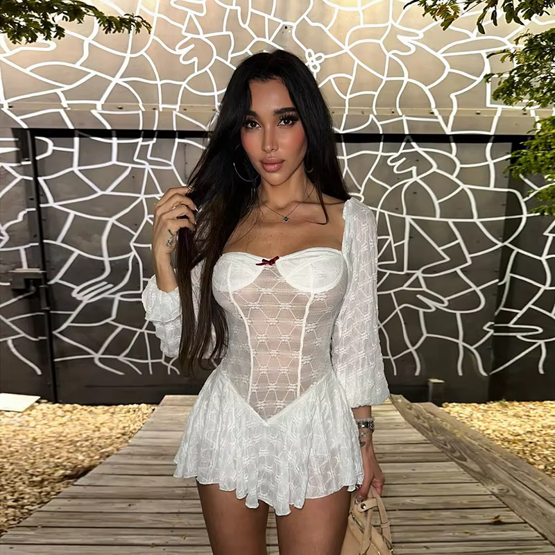 Elegant Splice Sweet Slim Pleated Bows Lace Stapless Long Sleeve Mini Dress - Image 2