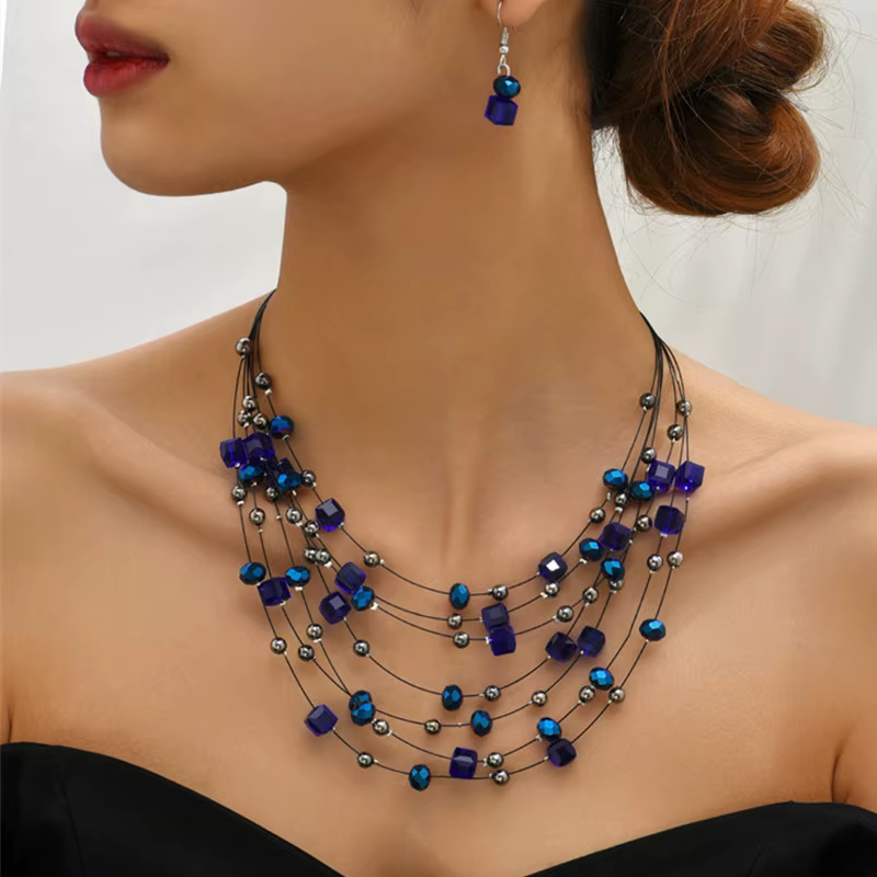 Elegant Square Crystal Beads Multi layer Choker Jewelry Sets