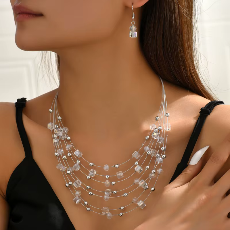 Elegant Square Crystal Beads Multi layer Choker Jewelry Sets - Image 2