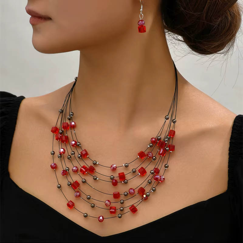 Elegant Square Crystal Beads Multi layer Choker Jewelry Sets - Image 3