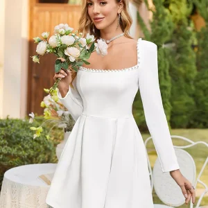 Elegant Square Neck Long Sleeve Pleated Long Sleeve Mini Dress