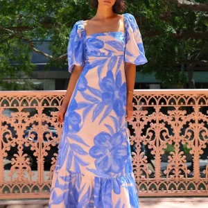 Elegant Square Neck Puff Sleeve Short Sleeve Floral Maxi Dress