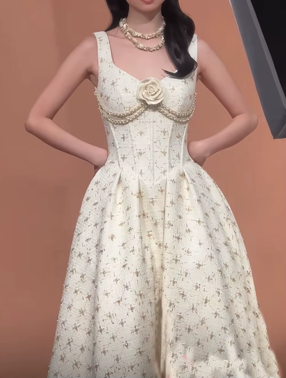 Elegant Square Neck Sleeveless Patchwork Chain Flower Maxi Dress