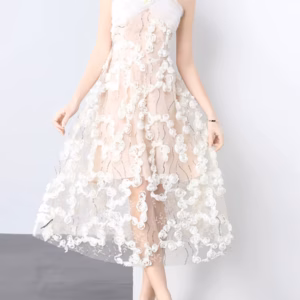 Elegant Square Neck Sleeveless Patchwork Mesh Applique Midi Dress