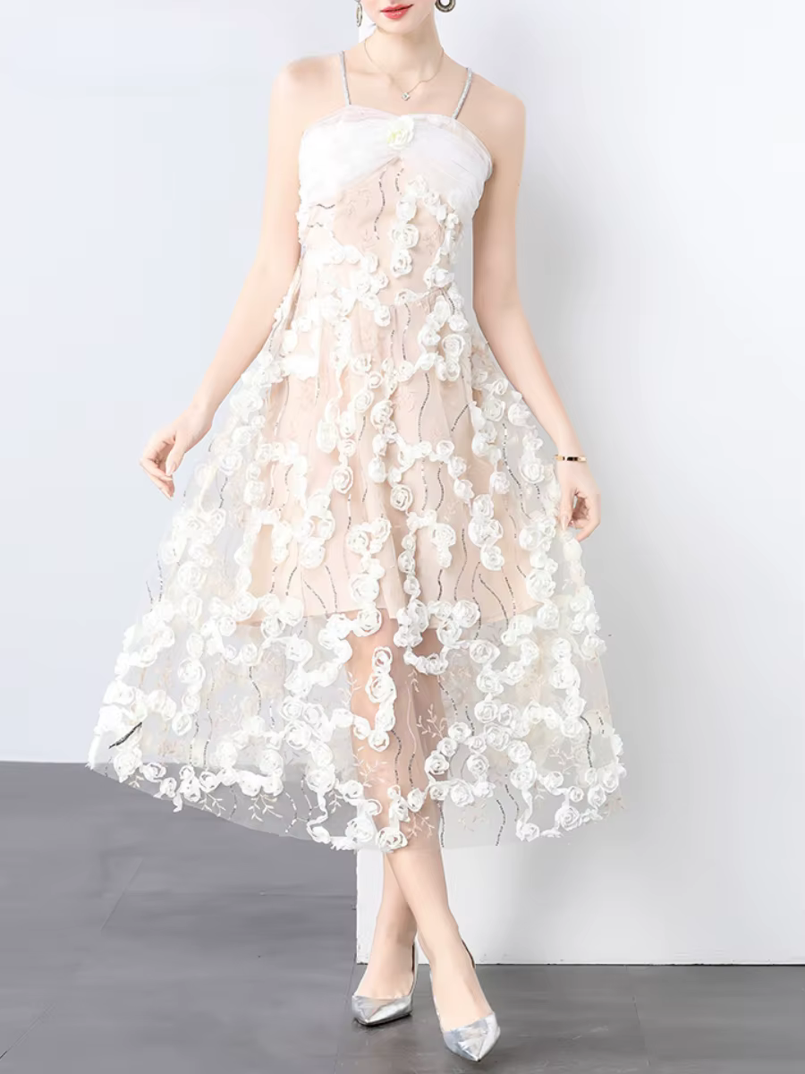 Elegant Square Neck Sleeveless Patchwork Mesh Applique Midi Dress