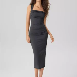 Elegant Square Neck Sleeveless Ruched Bodycon Midi Dress