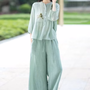 Elegant Stand Collar Splicing Embroidered Loose Cotton and Linen Top